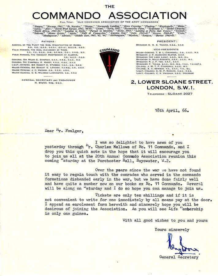 Commando Association letter to Peter Foulger No.11 Commando