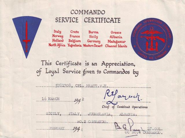 Commando Service Certificate for Cpl. Vic Pratt, No.2 Cdo.