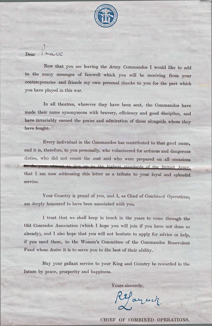 Laycock letter of thanks to Cpl. Vic Pratt No.2 Cdo