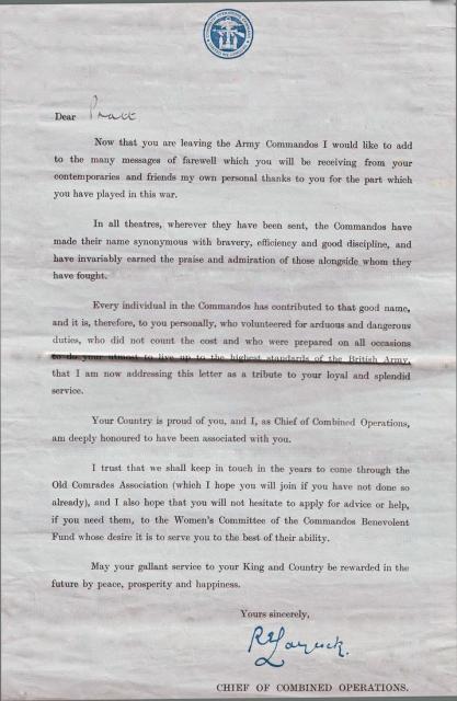 Laycock letter of thanks to Cpl. Vic Pratt No.2 Cdo