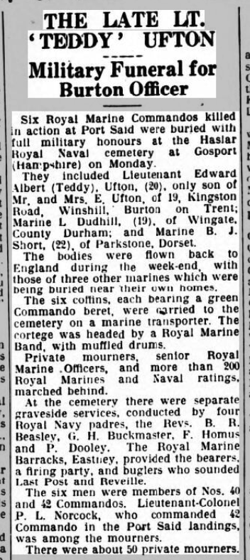 1956 newspaper article about the funeral of six RM Commandos killed at Suez
