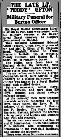 Newspaper article about the funeral of six RM Commandos killed at Suez