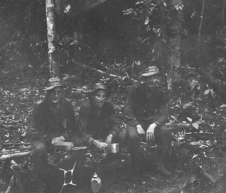 Capt. R.D Edwards (right), C/Sgt Birch (centre) and unknown Mne.(left)