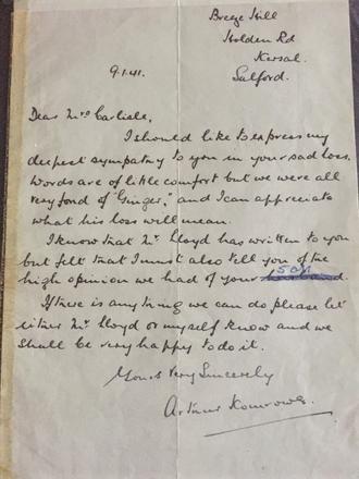 Letter from Lt. Komrower to the mother of LCpl Alan Carlisle, No.3 Cdo
