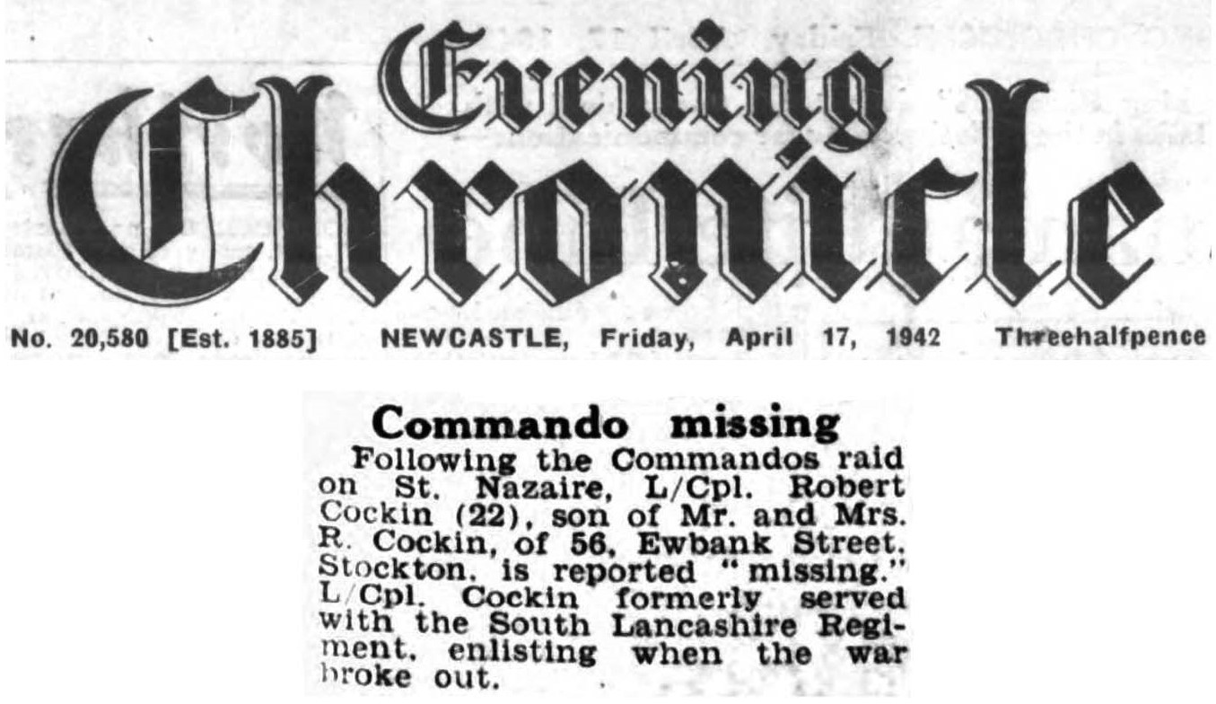 Newspaper report about LCpl Robert Cockin No.2 Commando