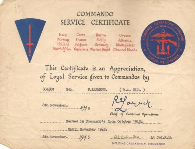 Commando Service Certificate for Bdr. Henry Frederick Larment