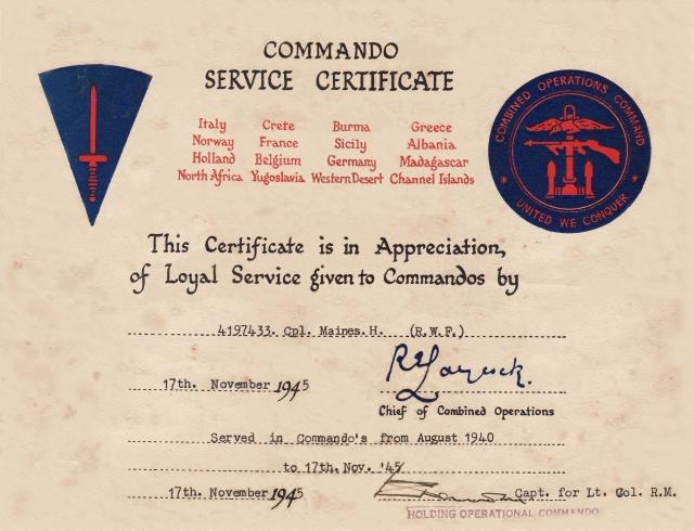 Commando Service Certificate-Hugh Maines-Stage 9A