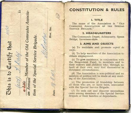 1943 Old Comrades Association of the Special Service Brigade membership card for Tom Daly