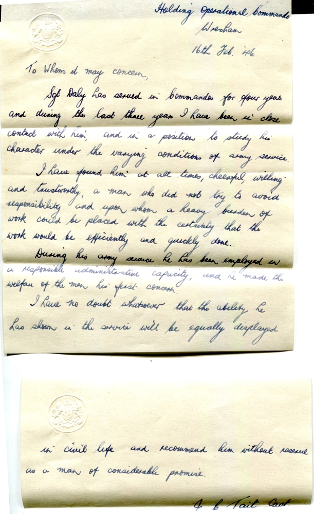 Testimonial for Sgt Thomas Daly, written by Capt J.C.Tait, Holding Operational Commando.