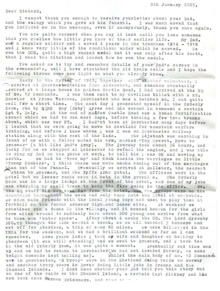 2nd letter (page 1) from Fred Hunt to the son of Tom Daly (No.12 Cdo & HOC)