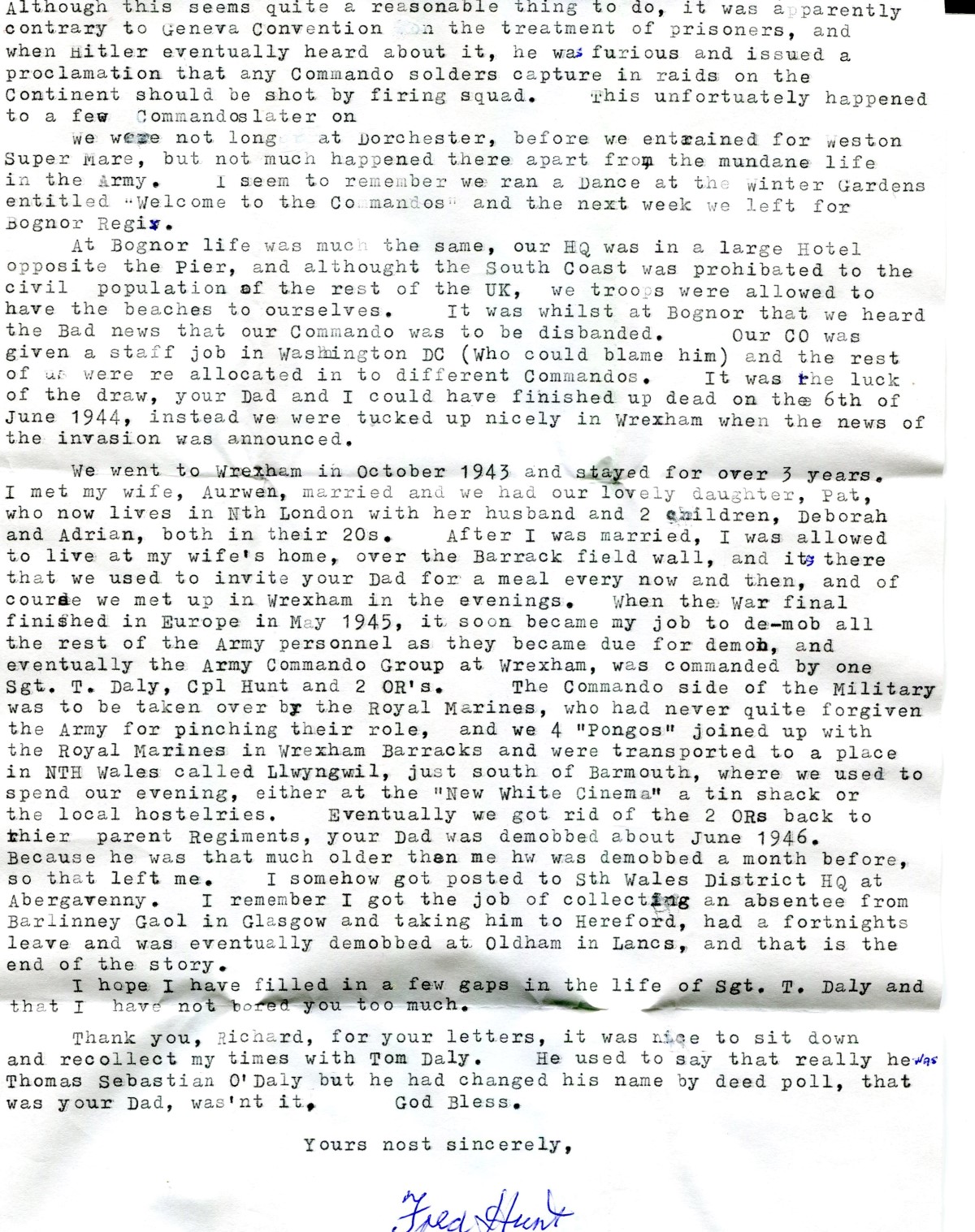 2nd letter (page 2) from Fred Hunt to the son of Tom Daly (No.12 Cdo & HOC)
