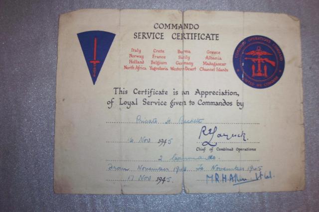 Commando Service Certificate for Paul Henry Beckett, No.2 Cdo.