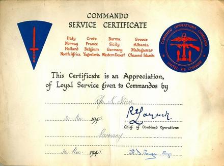 Commando Service Certificate for Ken Stowe No.3 Commando